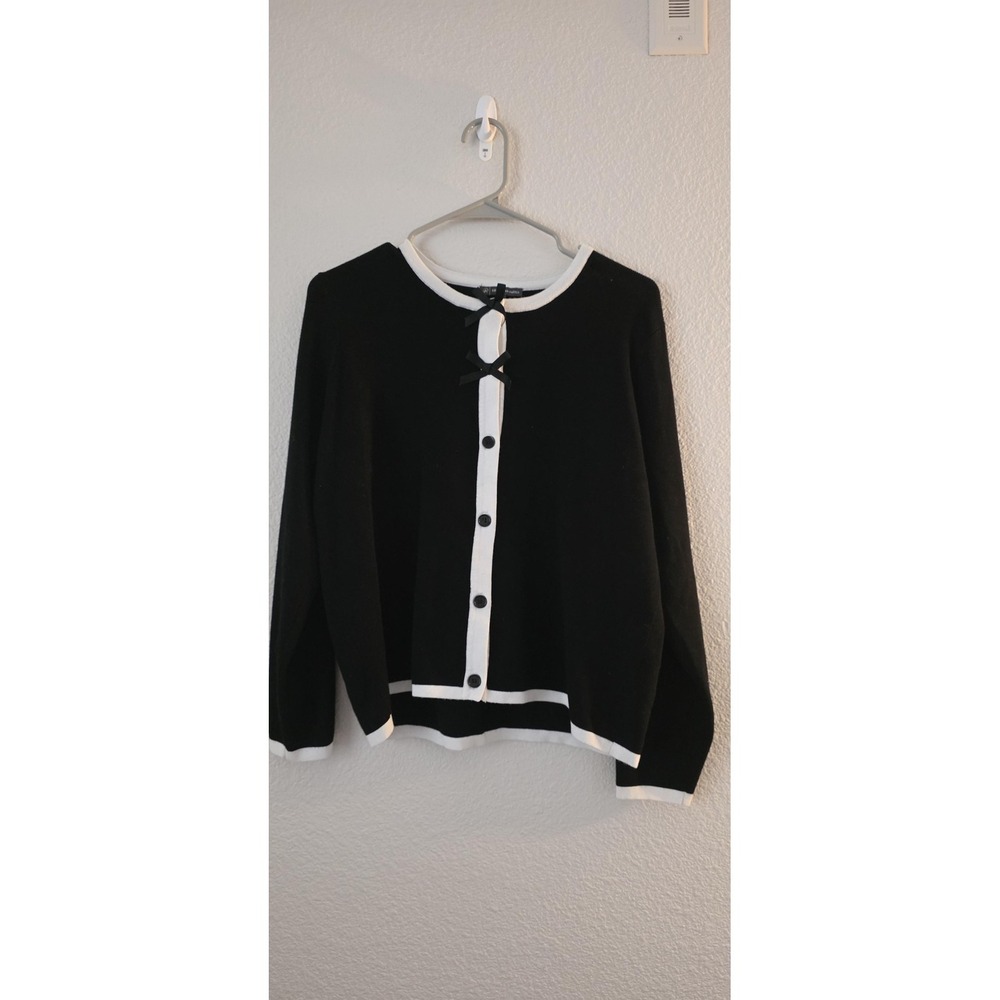Adrianna Papell Cardigan Sweater Womens‎ Large Black White Bow Contrast Trim